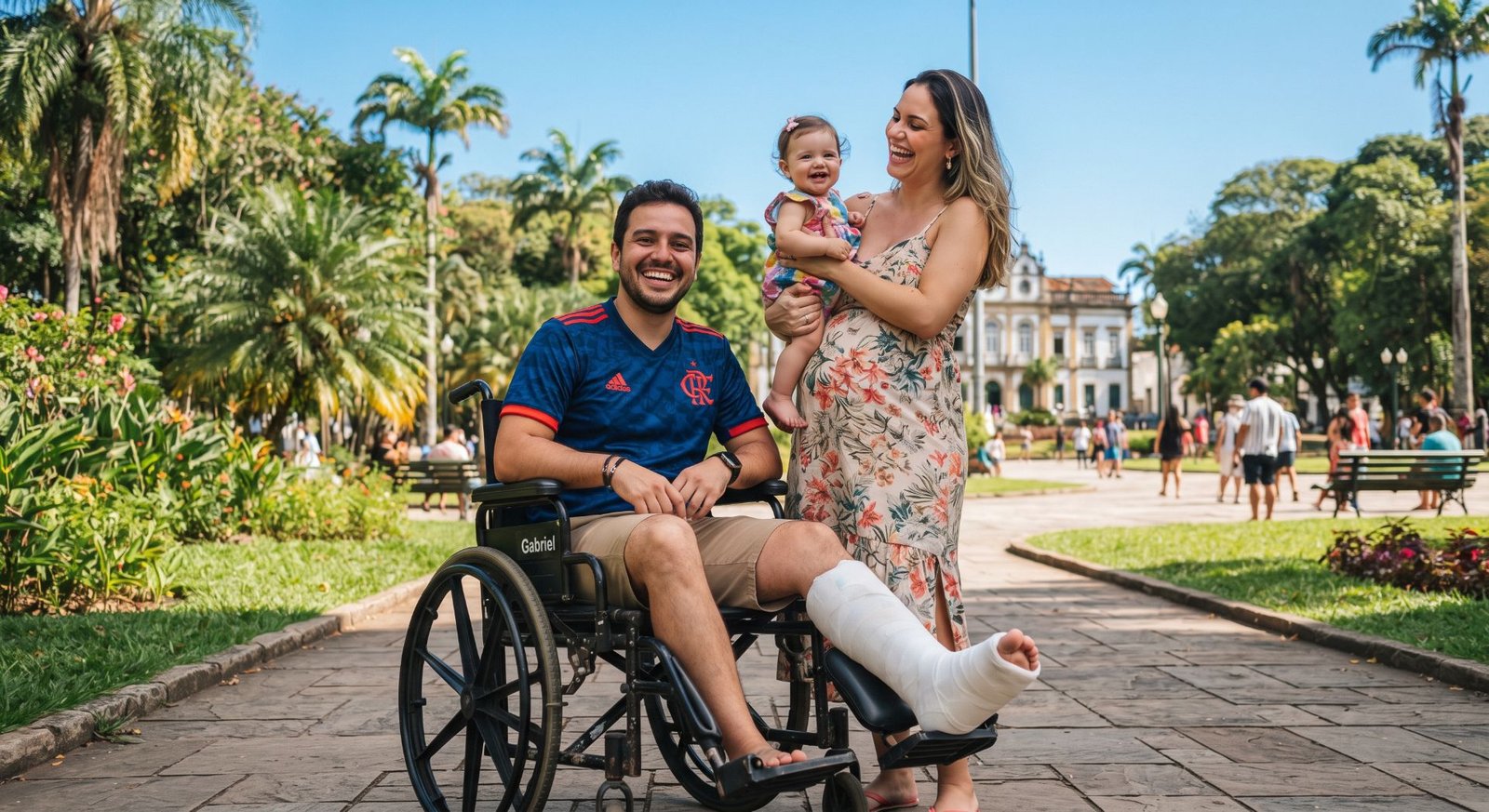 Família sorridente em uma praça: homem em cadeira de rodas com a perna engessada ao lado da esposa segurando a filha bebê no colo, representando quem busca seus direitos trabalhistas e previdenciários.